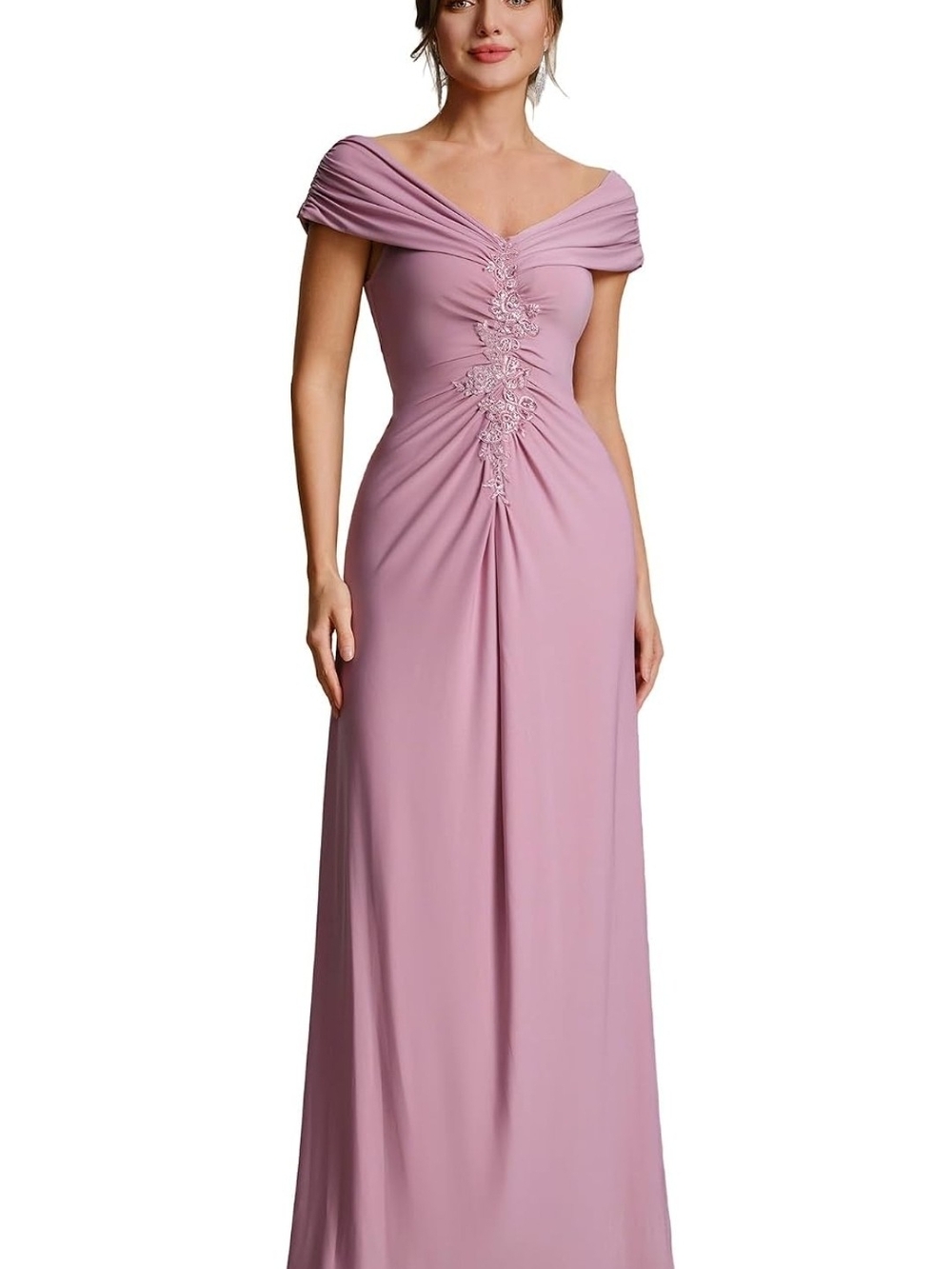 Ever Pretty Off-the-Shoulder Dusty Pink Ruched Evening Gown